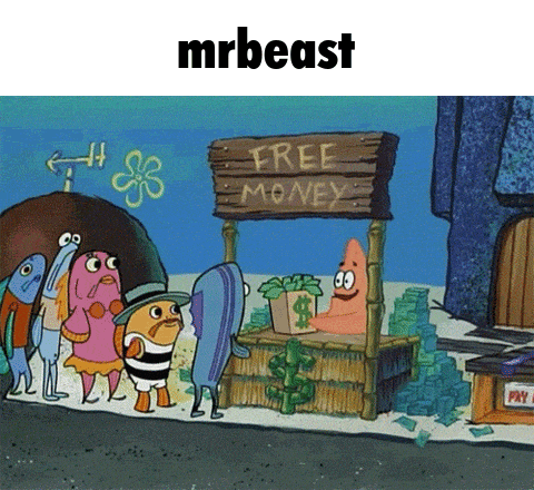 a group of cartoon characters are standing around a sign that says free money