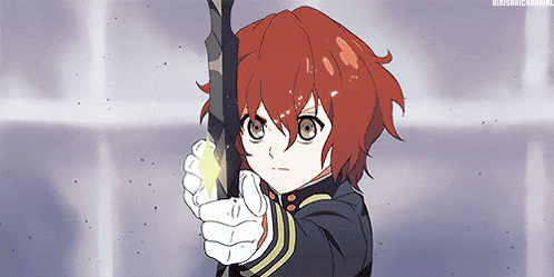 a cartoon character with red hair is holding a sword