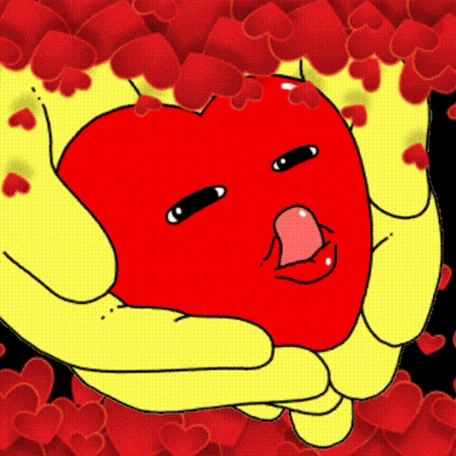 a cartoon character is holding a red heart with his tongue hanging out