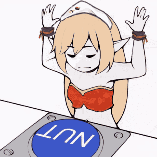 a cartoon of a girl pressing a button with the word nut on it