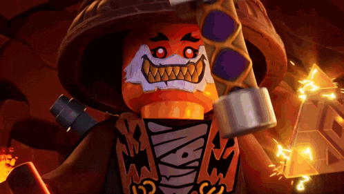 a close up of a lego character holding a sword and a hammer