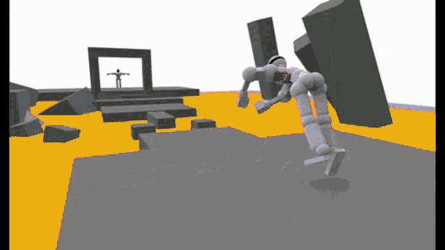 a computer generated image of a robot in a video game with a man standing in the background