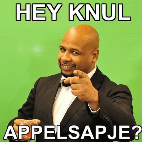 a man in a suit is pointing at the camera with the words hey knul appelsapje