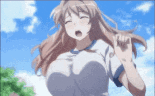 a girl with huge breasts is standing in front of a blue sky with her eyes closed .