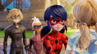 a group of cartoon characters are standing next to each other and talking .
