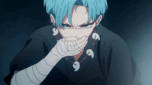 a person with blue hair is covering their mouth with their hands