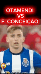 a soccer player wearing a blue and white striped shirt stands in front of a sign that says otamendi