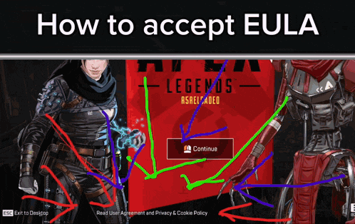 an advertisement for apex legends is shown with arrows pointing to where to accept eula