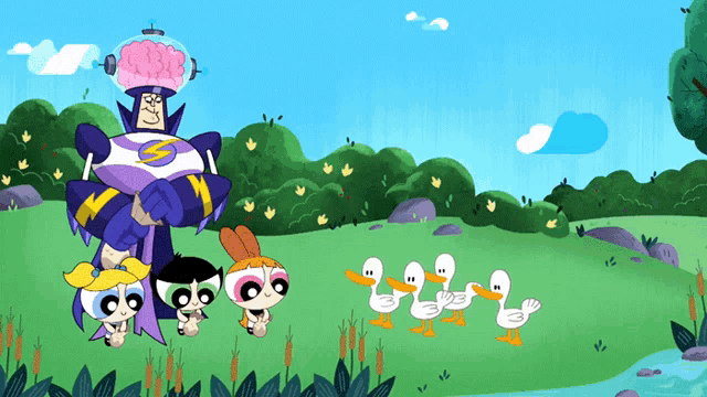 a group of cartoon characters are standing in a field