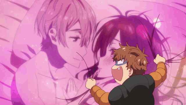 a cartoon drawing of a boy and a girl with a pink background