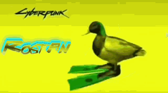 a duck wearing green flippers is on a yellow background with cyberpunk written on it