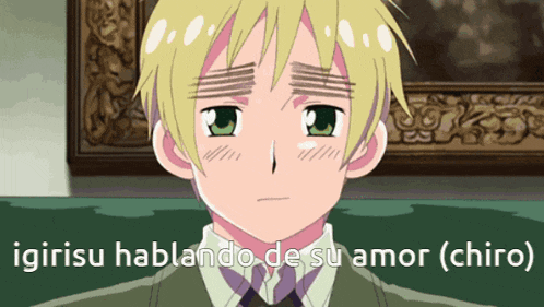 a picture of a boy with the words igirisu hablando de su amor