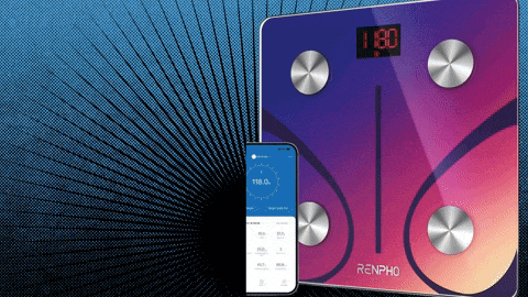 a renpho scale next to a phone that shows it is 180 pounds