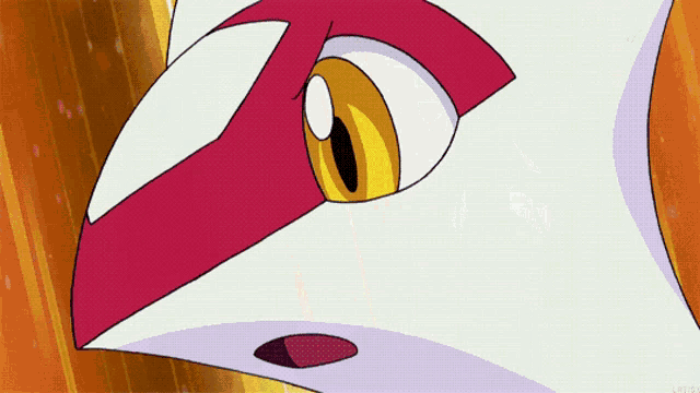 a close up of a cartoon character with a red and white stripe on its face