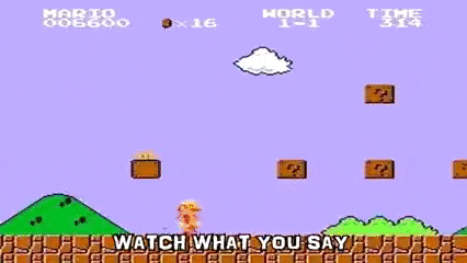 a video game screen shows mario and says watch what you play