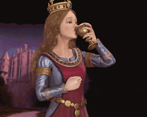 a woman wearing a crown is drinking from a cup