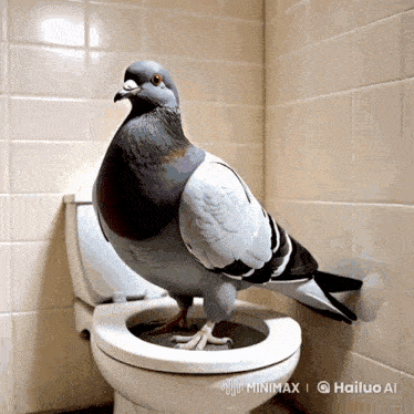 a pigeon standing on top of a toilet with a hailuo ai logo below it