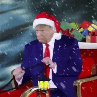 a man in a santa hat is sitting in a sleigh with gifts