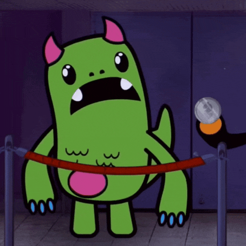a green monster with pink horns is standing in front of a purple wall