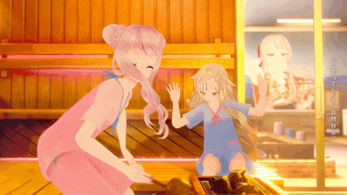 a girl with pink hair is standing next to a little girl
