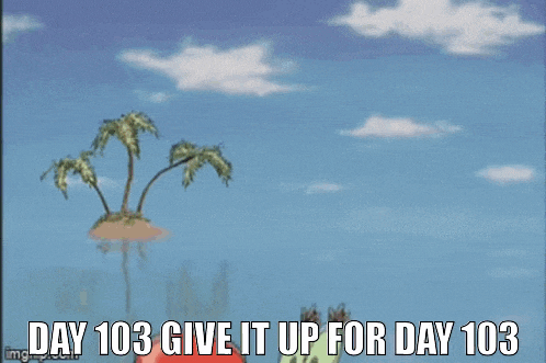 a cartoon of a crab holding a bell with the words `` day 103 give it up for day 103 '' written below it .