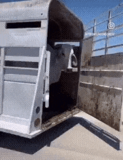 a horse is being loaded into a trailer with its back door open .