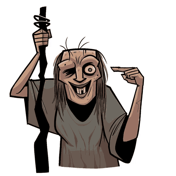 a cartoon drawing of a man holding a stick and pointing at the camera