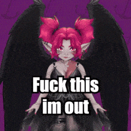 a picture of a girl with pink hair and black wings that says " fuck this im out "
