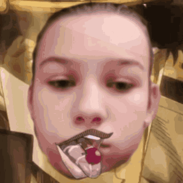 a close up of a girl 's face with a drawing of a person in her mouth