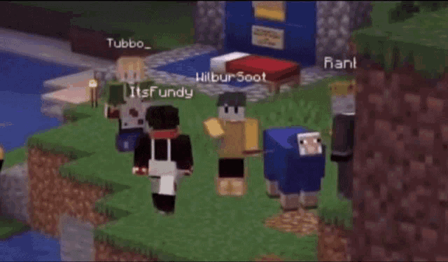 a group of minecraft characters are standing next to each other on a cliff .