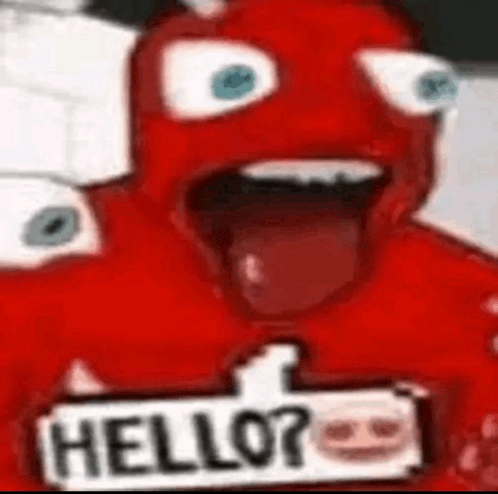 a red cartoon character is holding a sign that says `` hello ? ''