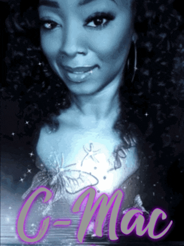 a black and white photo of a woman with the name c-mac on her chest