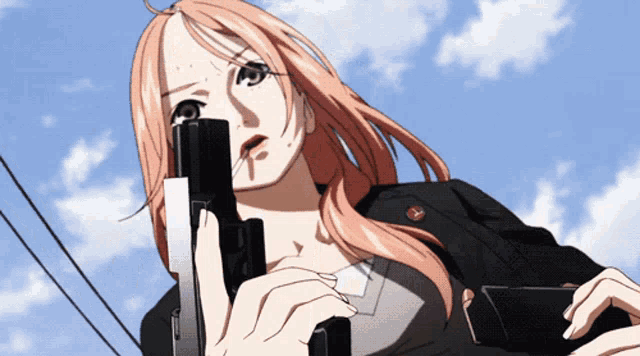 a woman with pink hair is holding a gun in her right hand