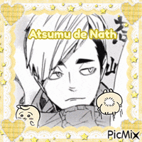a black and white drawing of a boy with the name atsumu de nath on it
