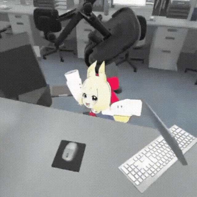 a cartoon character is sitting at a desk with a laptop and a keyboard