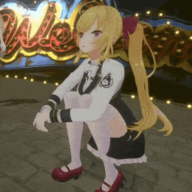 a cartoon girl is squatting down in front of a sign that says welcome
