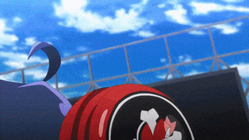 a cartoon character with a purple tail is standing on a ledge with a blue sky in the background