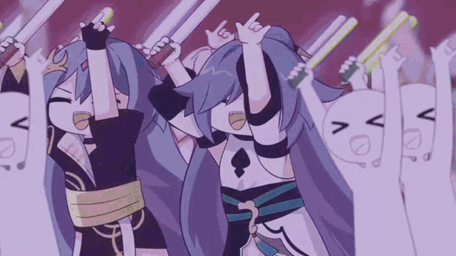 a group of anime characters are holding up their arms in the air and making a rock sign