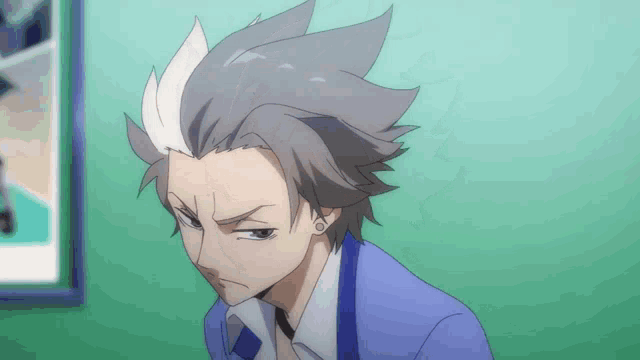 a cartoon character with gray and white hair is looking at something
