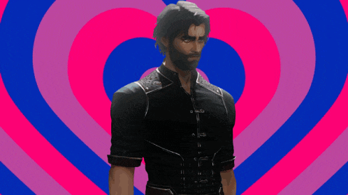 a man standing in front of a pink and blue heart