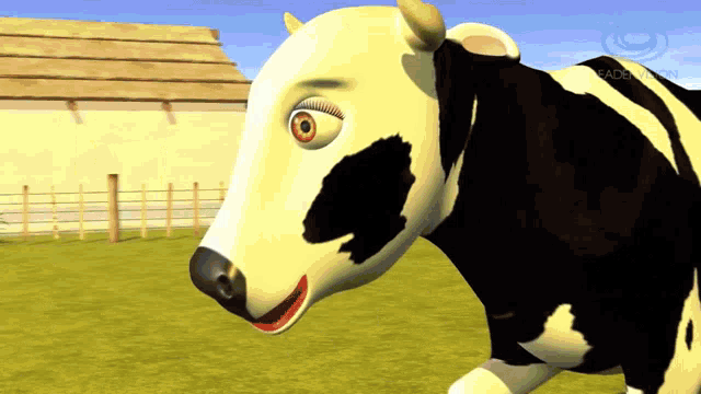a black and white cow is standing in a field with the word sadena on the bottom left