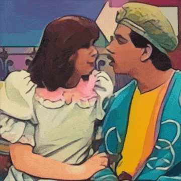 a cartoon of a man and a woman kissing with the man wearing a blue jacket with the letter c on it