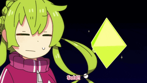 a cartoon girl with green hair is standing next to a yellow diamond that says sold