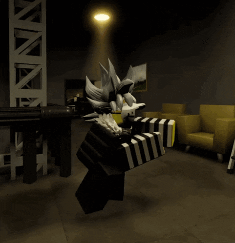 a cartoon character is standing in a dark room with a light shining on him