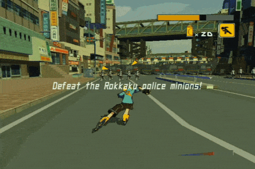 a video game says defeat the rokkaku police minions at the top of the screen