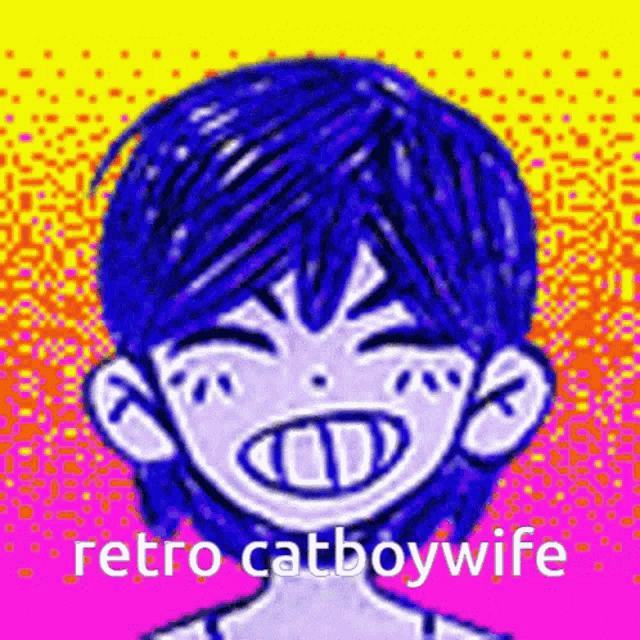 a cartoon of a boy with blue hair and the words `` retro catboywife '' written below him .