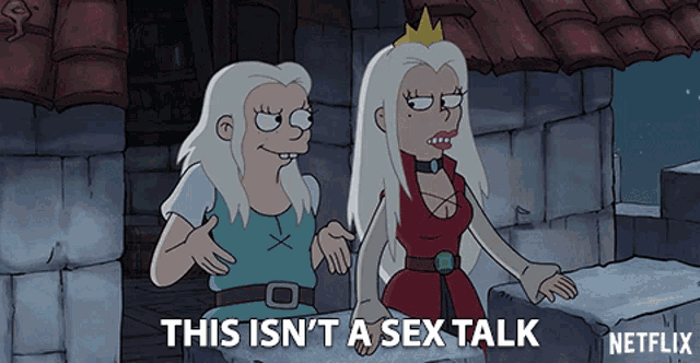 two cartoon characters standing next to each other with the words this is n't a sex talk