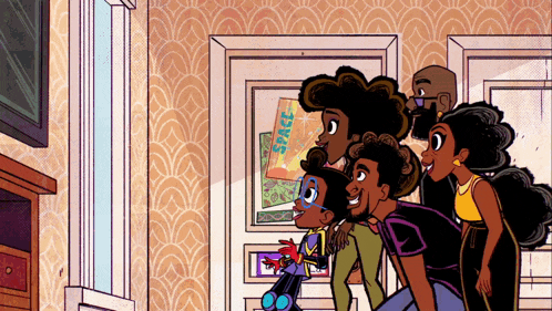 a cartoon drawing of a family looking at a tv with a bag that says space on it