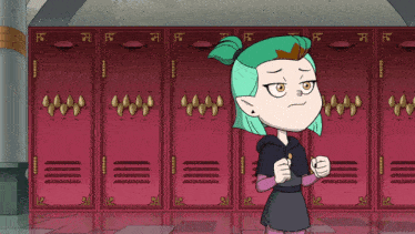 a girl with green hair is standing in front of a row of red lockers