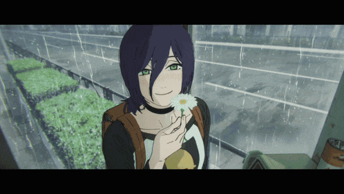 a girl with purple hair is holding a white flower